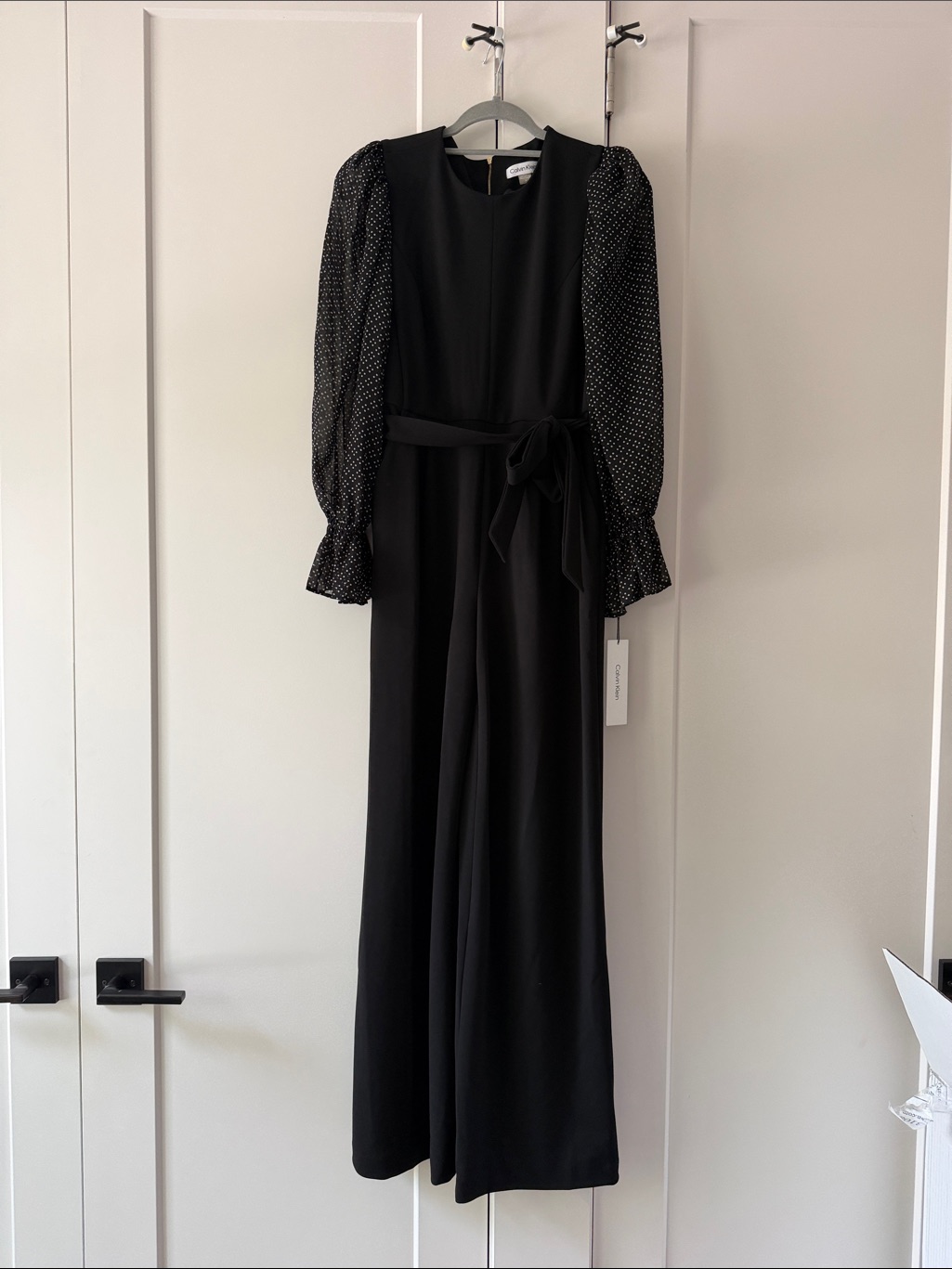Calvin Klein Black Long-Sleeve Jumpsuit With Polka Dot Sheer Sleeves